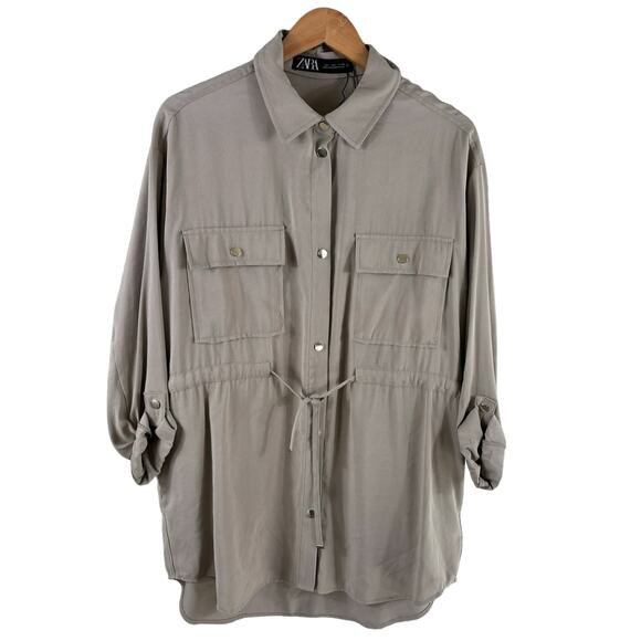 Zara Wome'ns Size Large Button Front Oversized Drawstring Tunic Top Shirt Dress - Picture 1 of 13